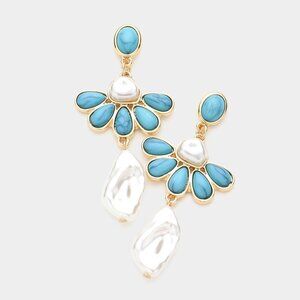 NEW Abstract Turquoise Flower Pearl Dangle Earrings